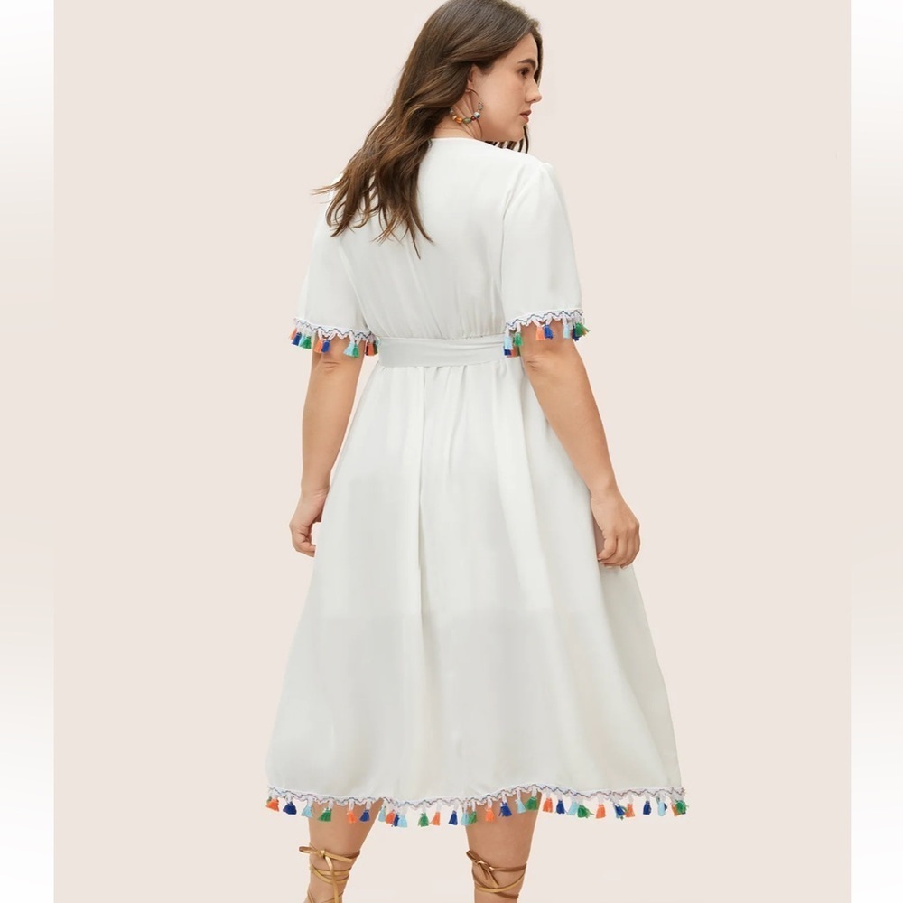 BloomChic Plus Size Lace Collar Woven Ribbon Colored Tassel Trim Belted Dress - Picture 2 of 8